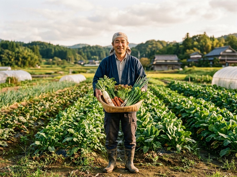 収穫した野菜を手に畑に立つ生産者