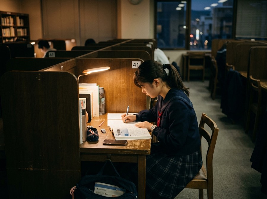 自習席で勉強する高校生
