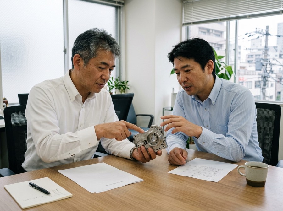 打ち合わせの席でサンプル部品を確認しているところ